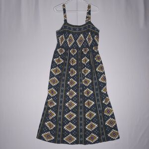 Sonoma Midi Sundress Medium Gray Woven Linen Blend‎ Aztec Geometric Square Neck